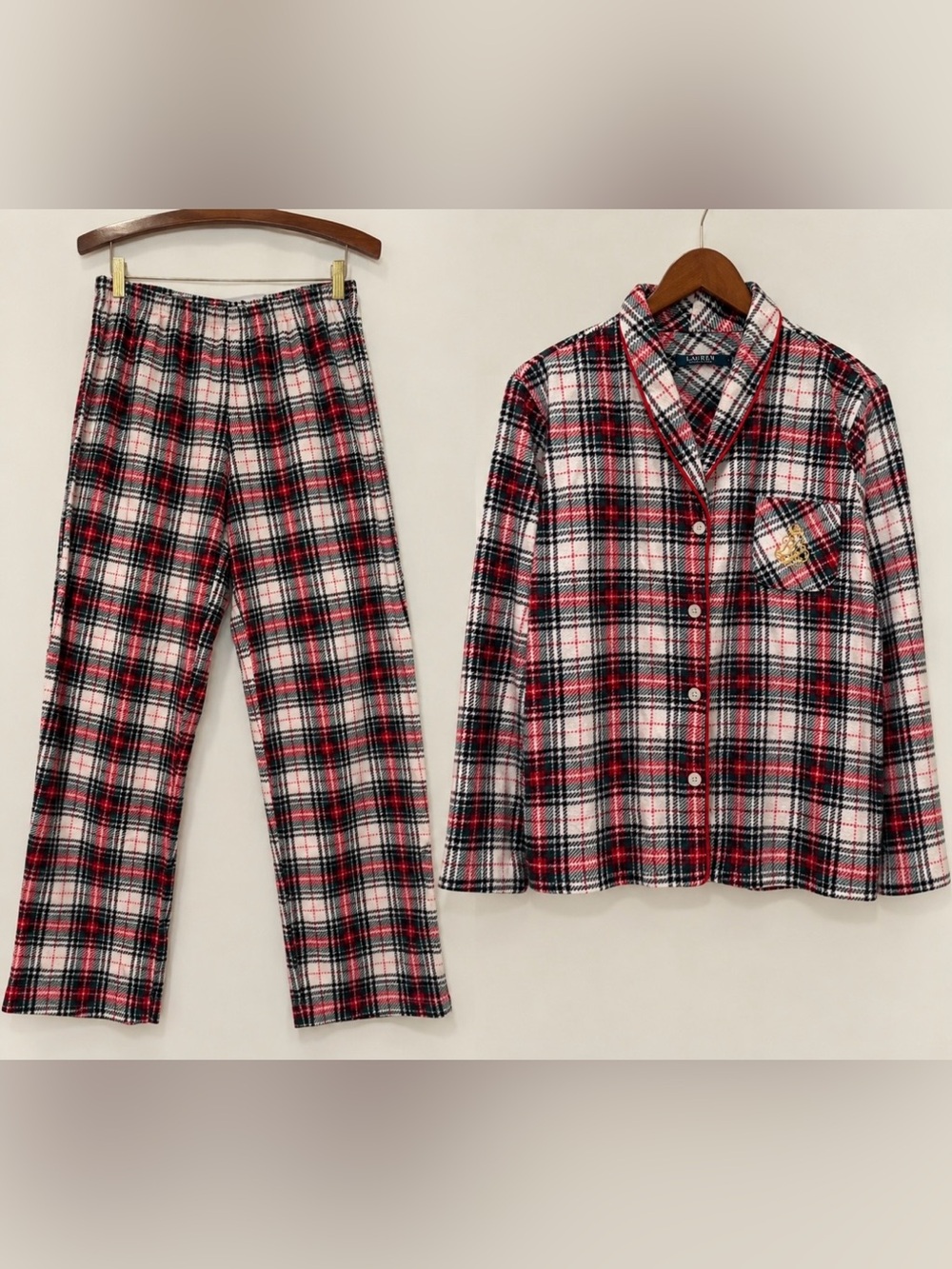 Ralph Lauren Tartan Plaid Fleece Pajama Set Top/ Pull On Bottom -Red Green- Sz L